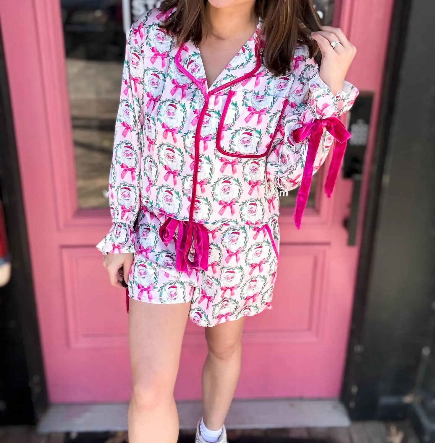 Satin Santa Pajama Set In Pink Multi