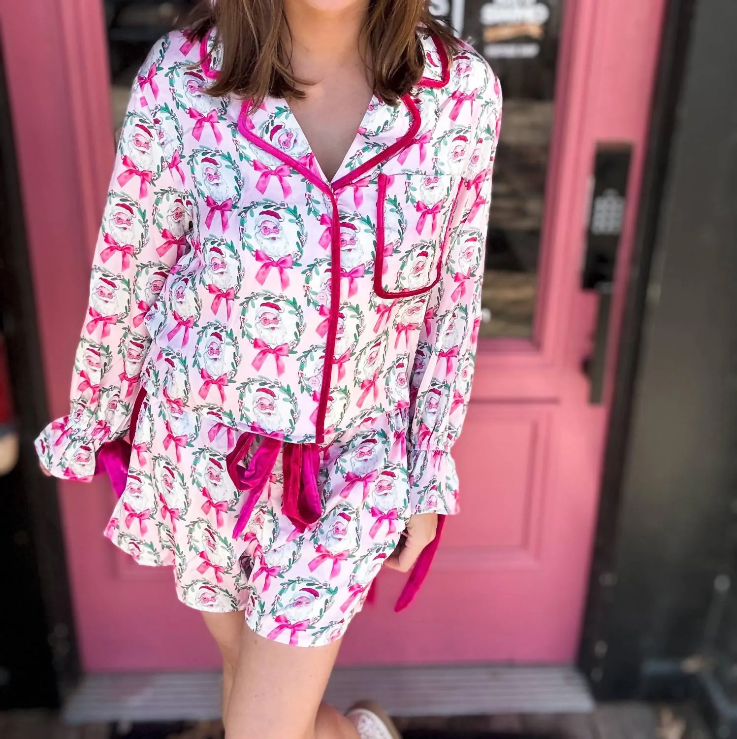 Satin Santa Pajama Set In Pink Multi