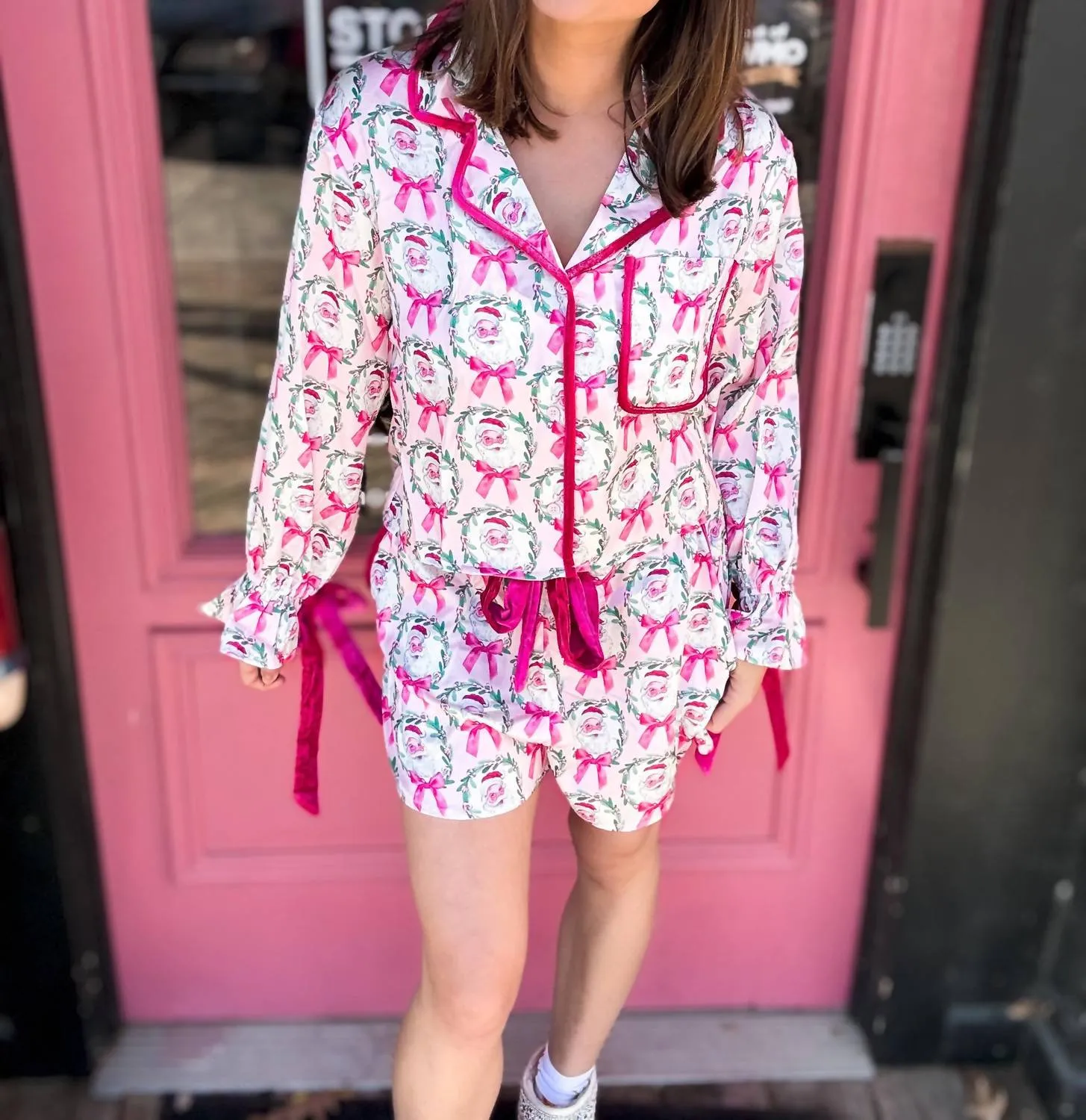 Satin Santa Pajama Set In Pink Multi