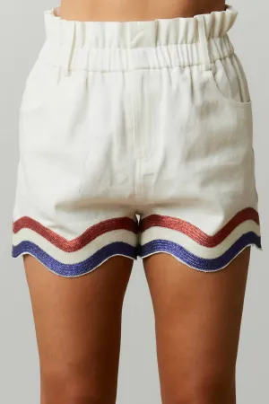 Sequin Curved Hem Paper Bag Shorts In Off White