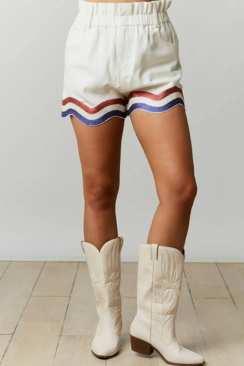 Sequin Curved Hem Paper Bag Shorts In Off White