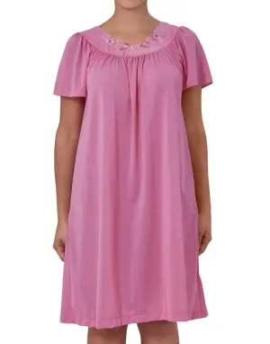 Short Gown With Flower Petal Embroidery And Flutter Sleeves In Rosey Pink