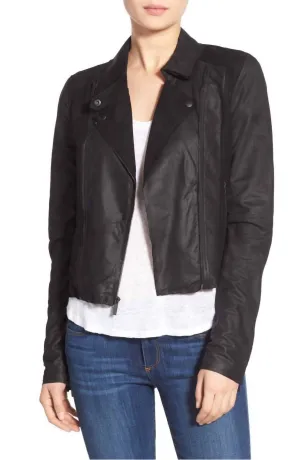 Silvie Cropped Trim Suede Leather Moto Jacket In Black