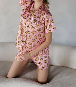 Smiley Face Satin Pajamas In Pink