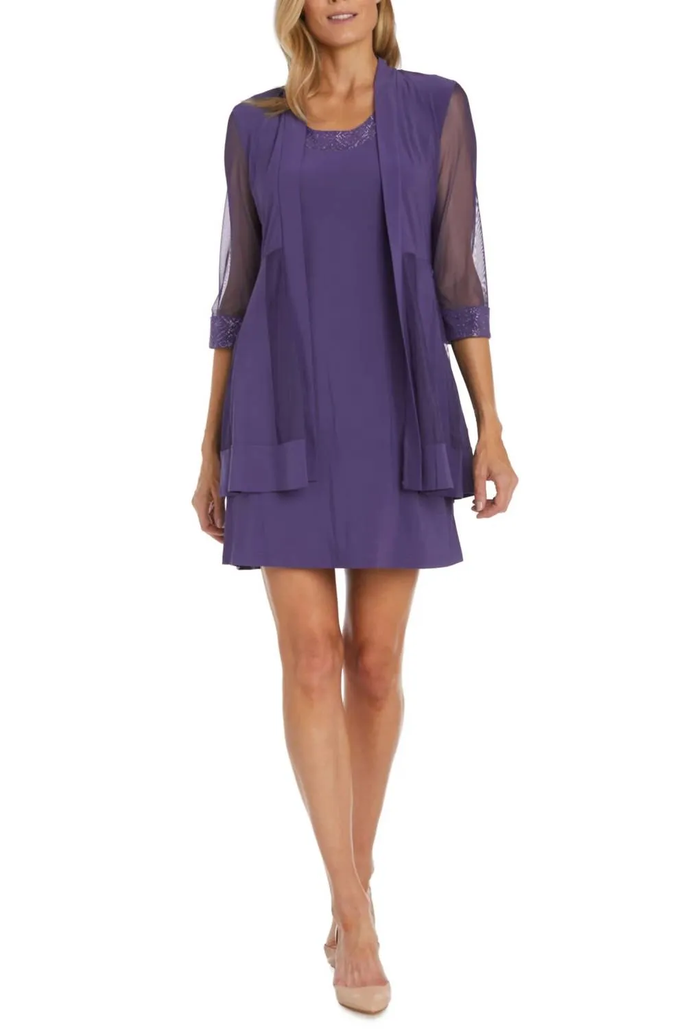 Sparkle Mesh Knee-Length Jacket & Dress Set In Lavender