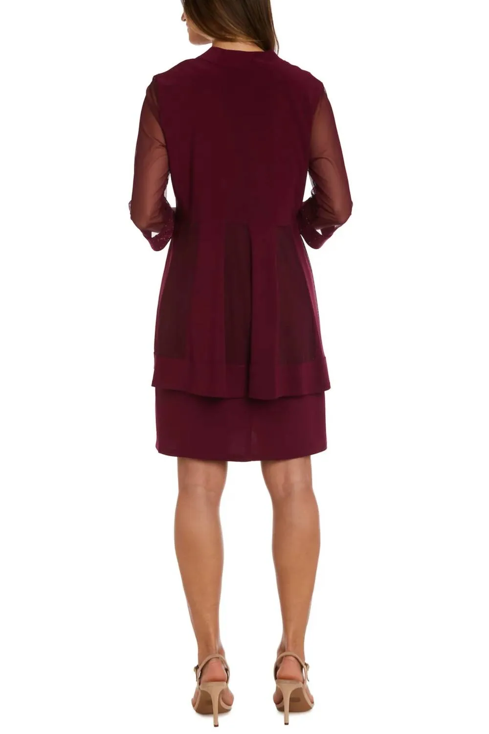 Sparkle Mesh Knee-Length Jacket & Dress Set In Merlot
