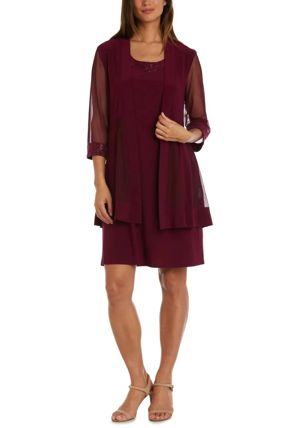 Sparkle Mesh Knee-Length Jacket & Dress Set In Merlot
