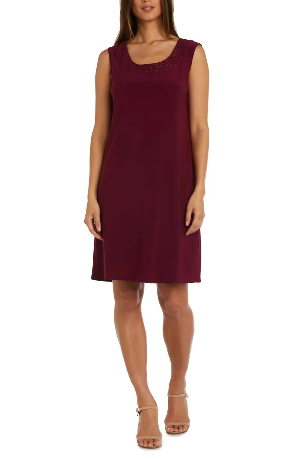 Sparkle Mesh Knee-Length Jacket & Dress Set In Merlot
