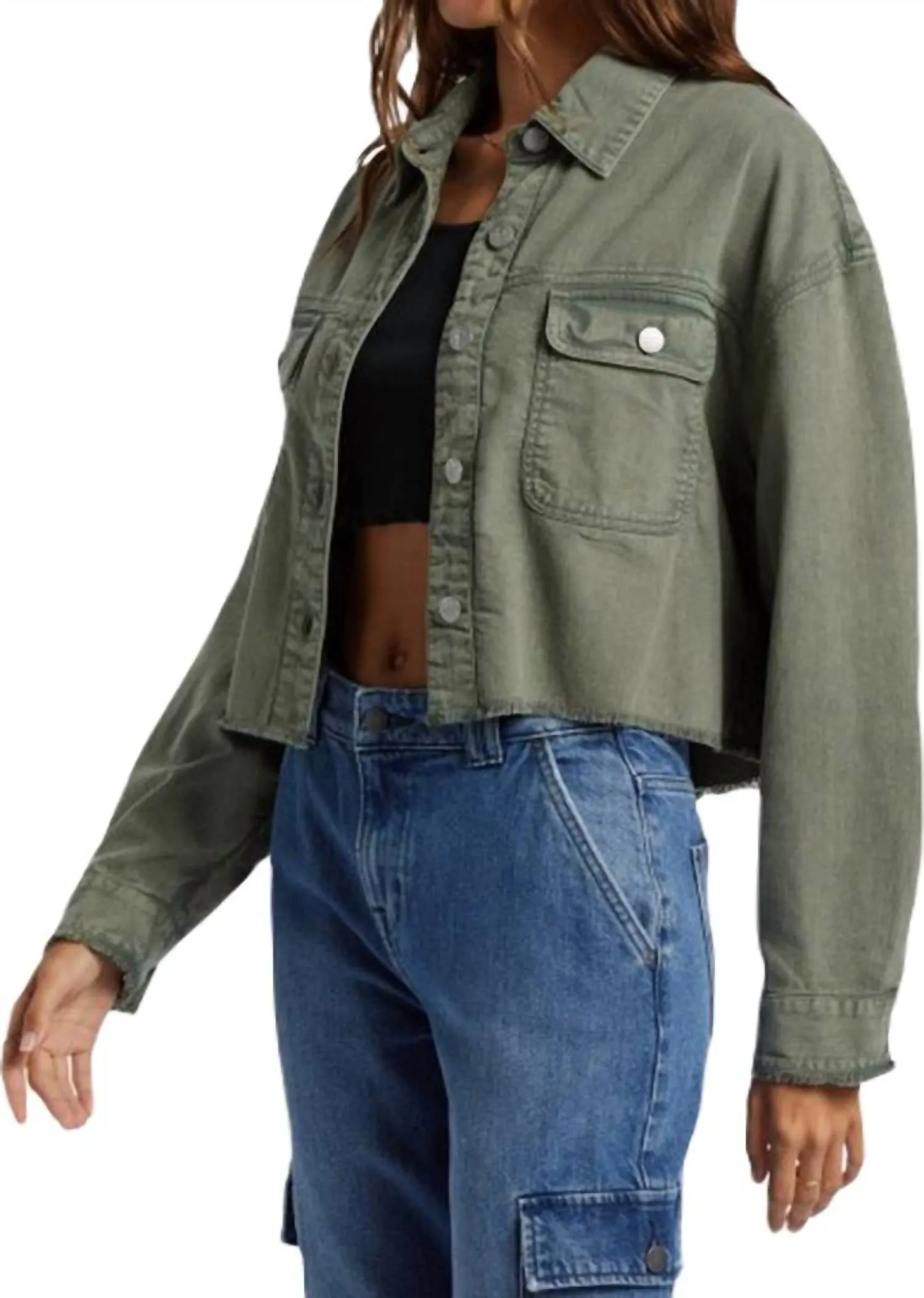Sunset Sands Cutoff Shacket In Agave Green