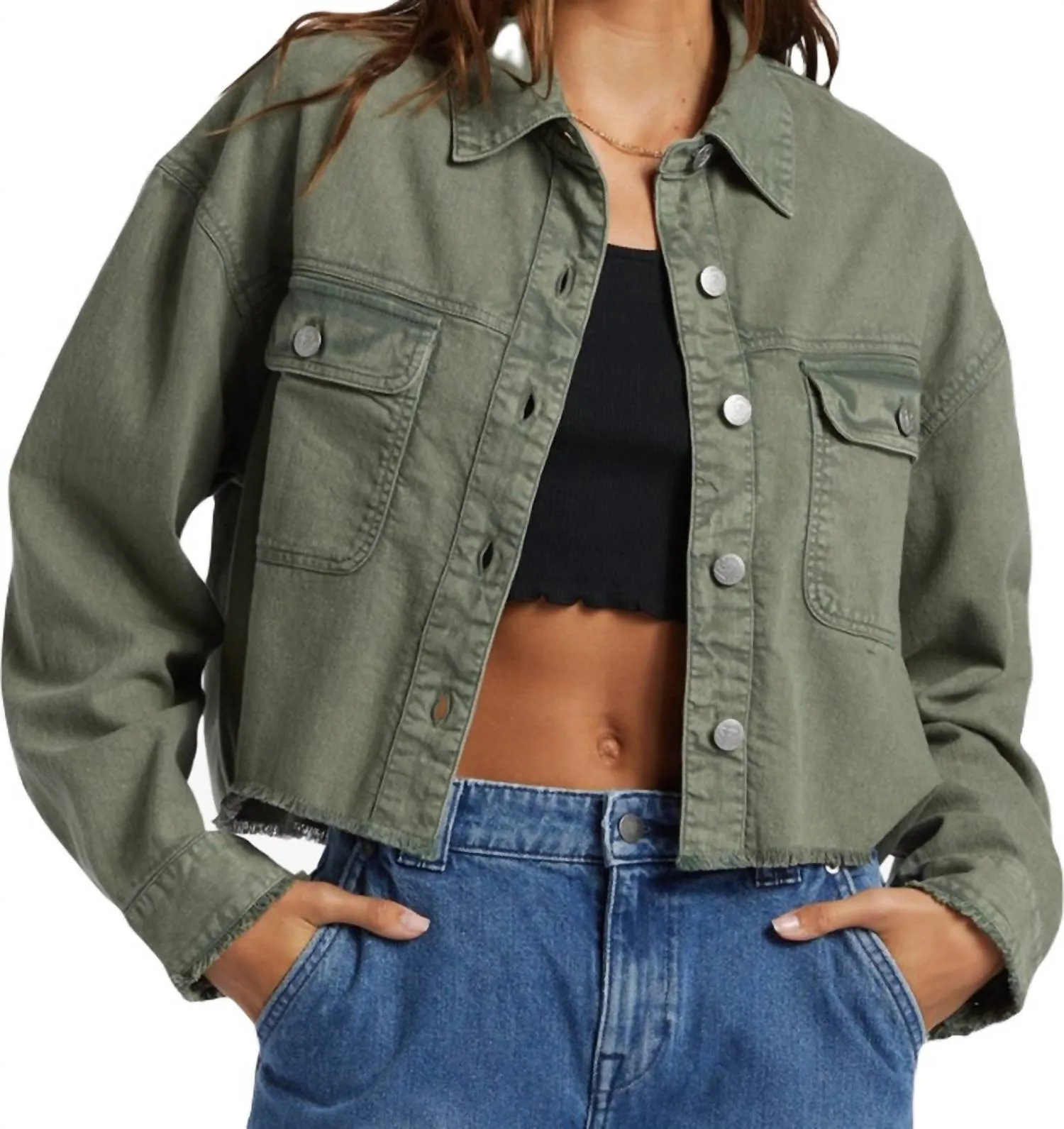 Sunset Sands Cutoff Shacket In Agave Green