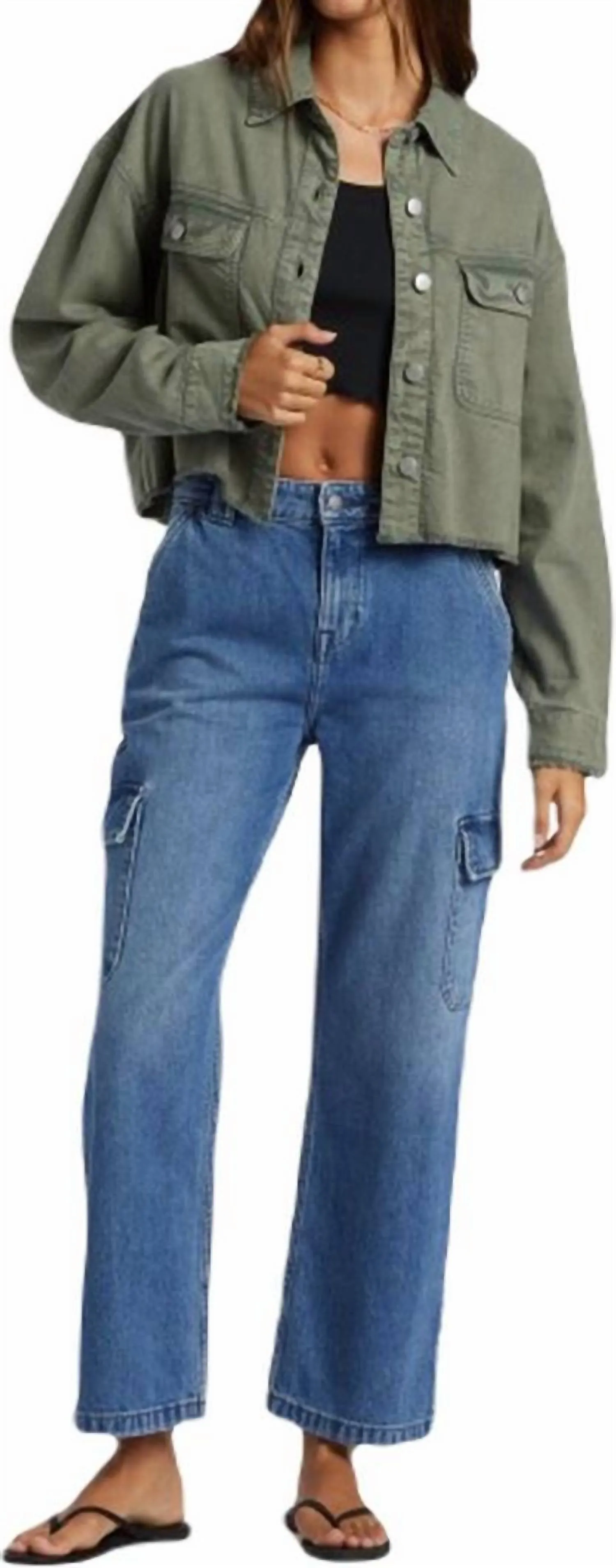 Sunset Sands Cutoff Shacket In Agave Green