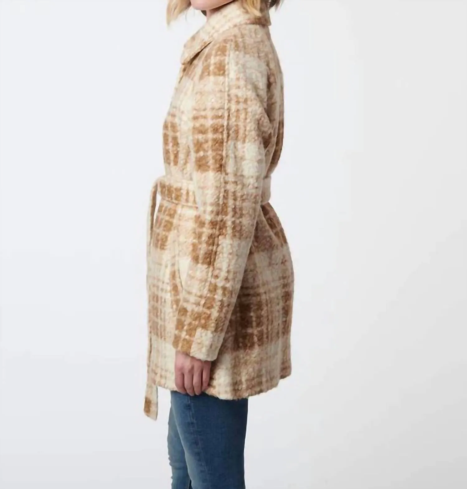 Tartan Belted Wool Jacket In Camel