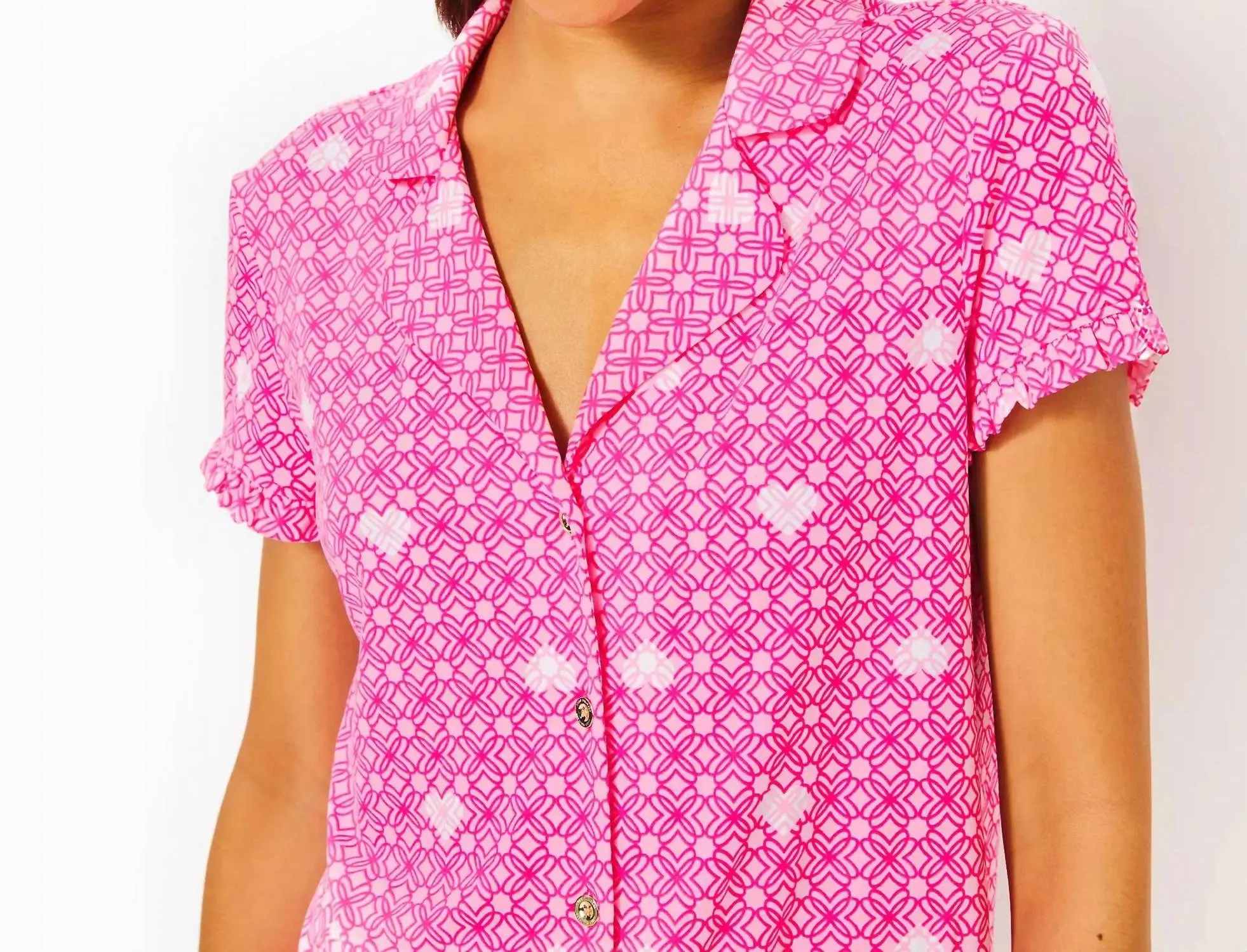 Valaine Pajama Top In Passion Fruit Pink Fluttering Hearts