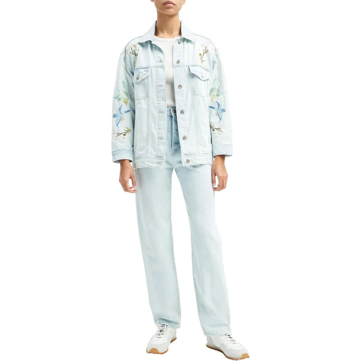 Womens Embroidered Denim Trucker Jacket