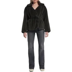 Womens Faux Leather Trim Faux Fur Faux Fur Coat