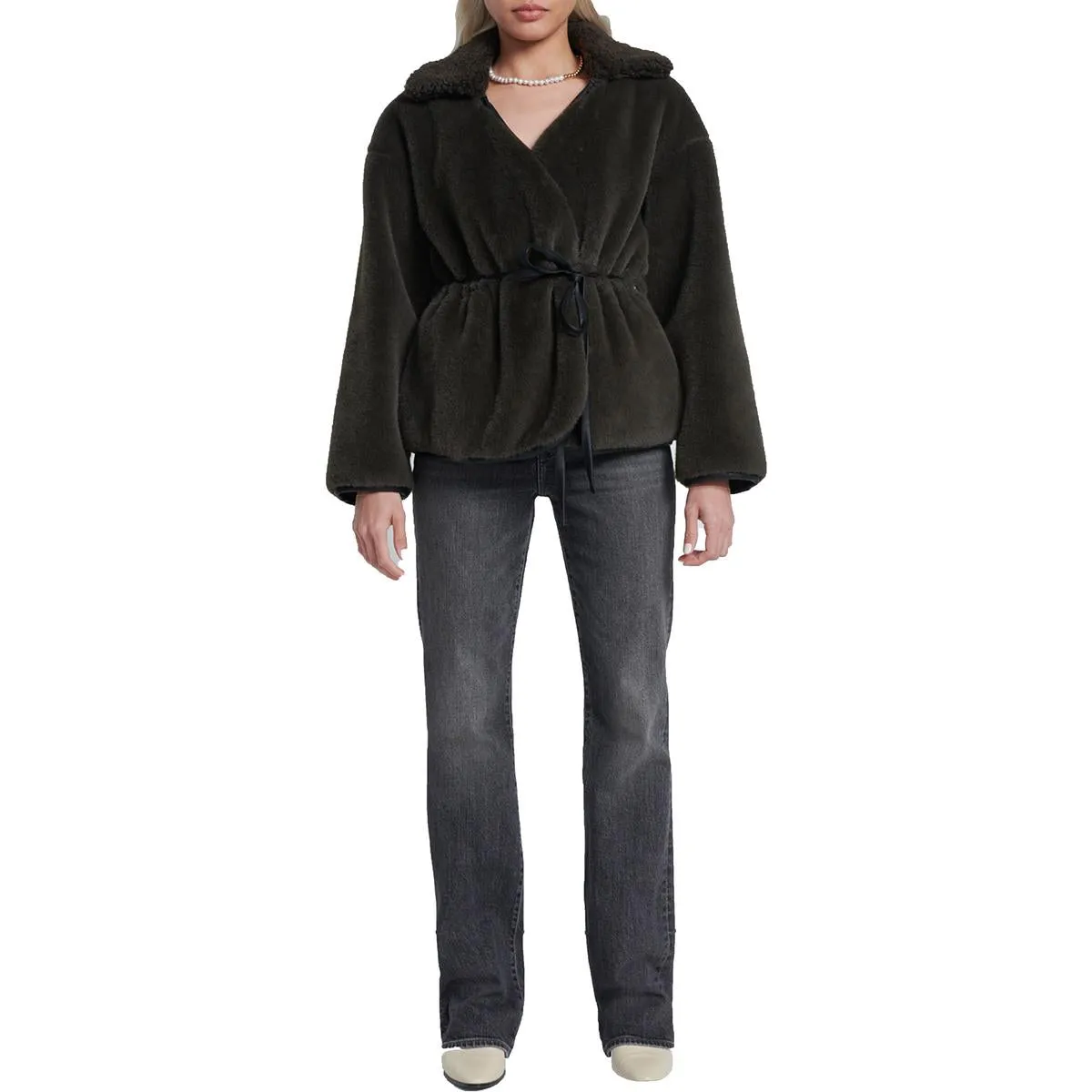 Womens Faux Leather Trim Faux Fur Faux Fur Coat