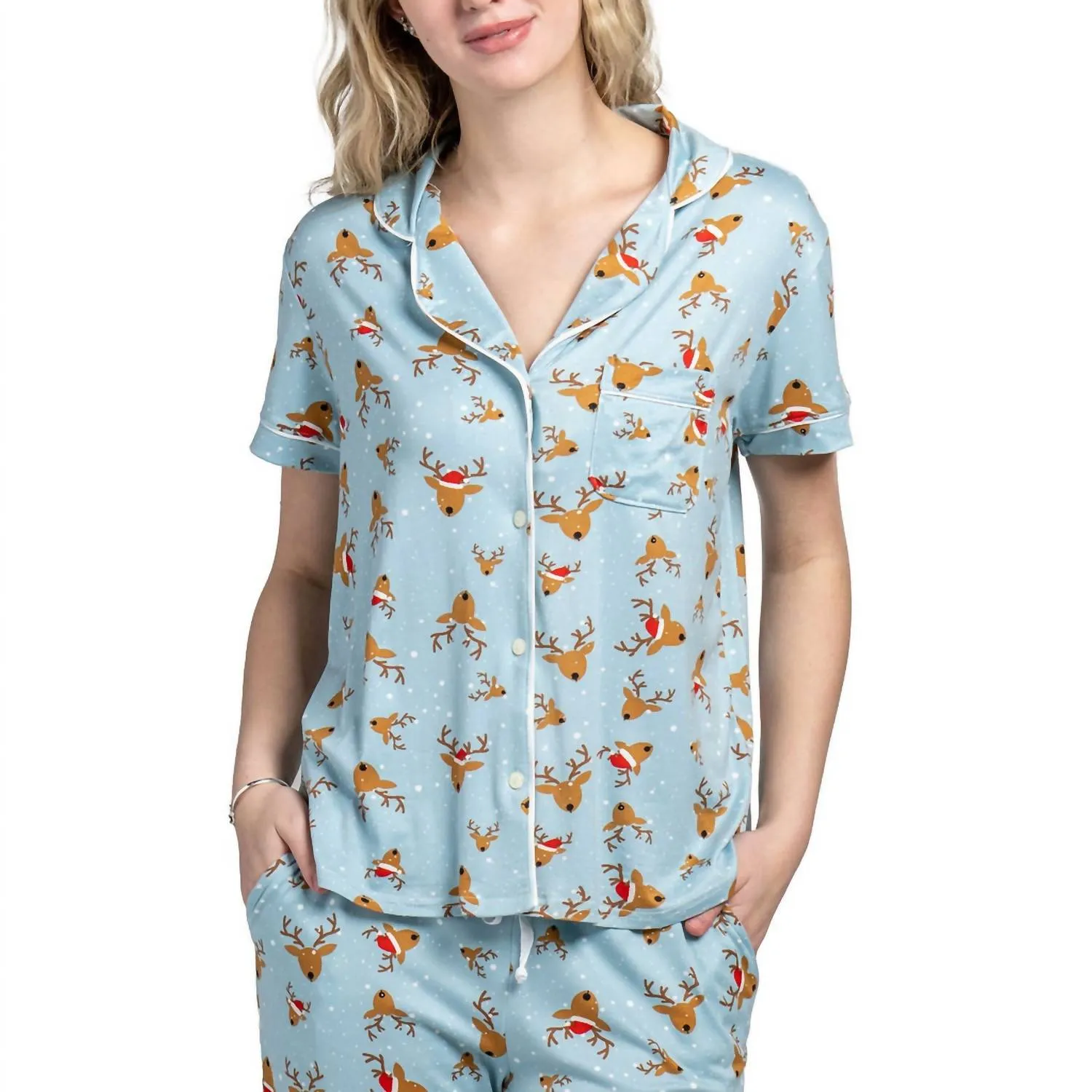 Women's Holiday Pajama Top In Santa's Helpers