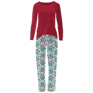 Women's Long Sleeve Tee & Pajama Pants Set In Illusion Blue Mistletoe & Ribbons
