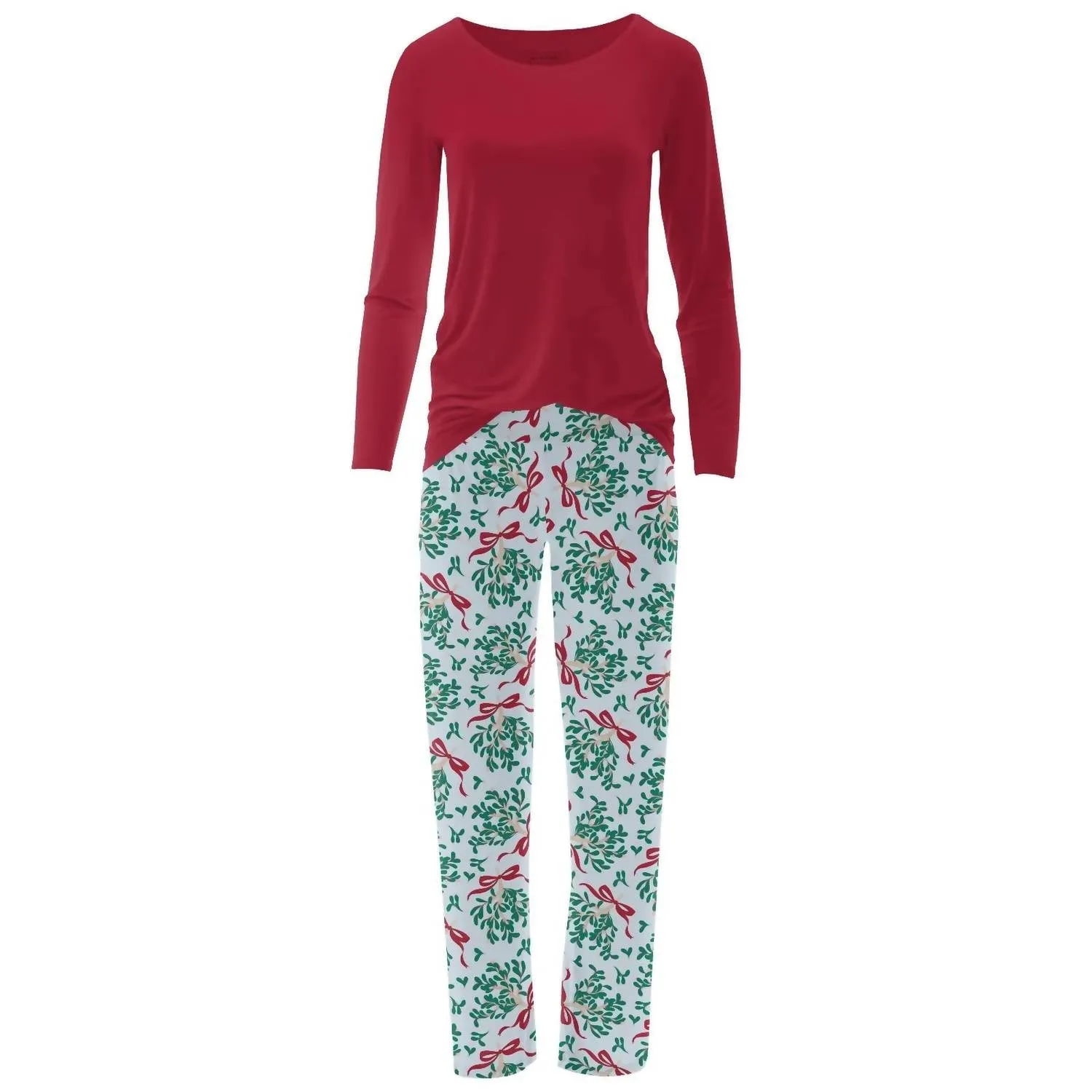 Women's Long Sleeve Tee & Pajama Pants Set In Illusion Blue Mistletoe & Ribbons