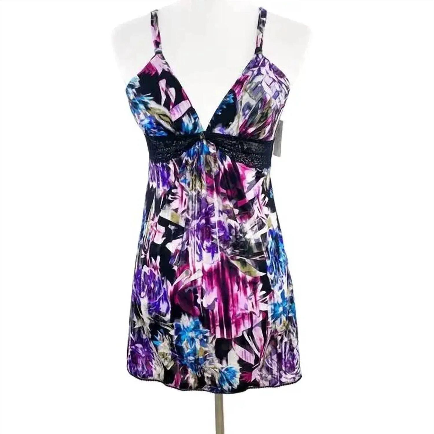Women's Mesh Nightie With Lace Inset In Black