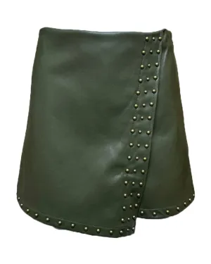 Women's Studded Stretch Faux Leather Wrap Skort In Olive