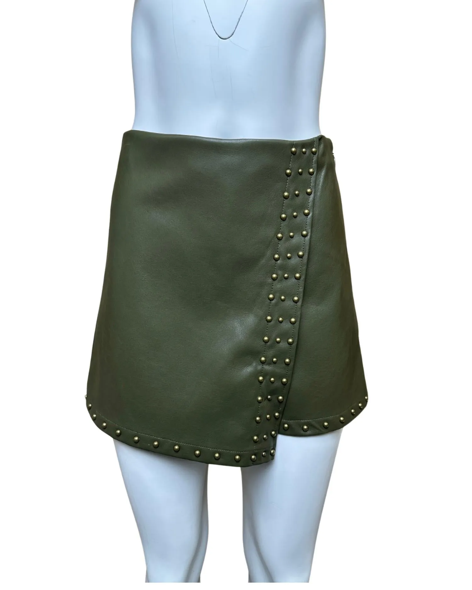 Women's Studded Stretch Faux Leather Wrap Skort In Olive