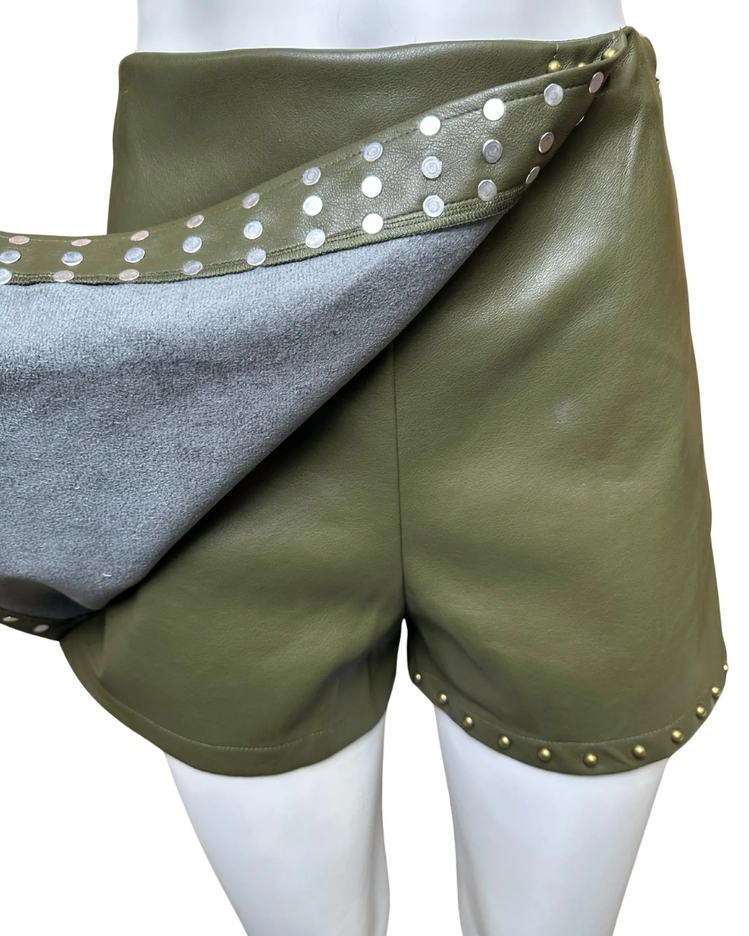 Women's Studded Stretch Faux Leather Wrap Skort In Olive