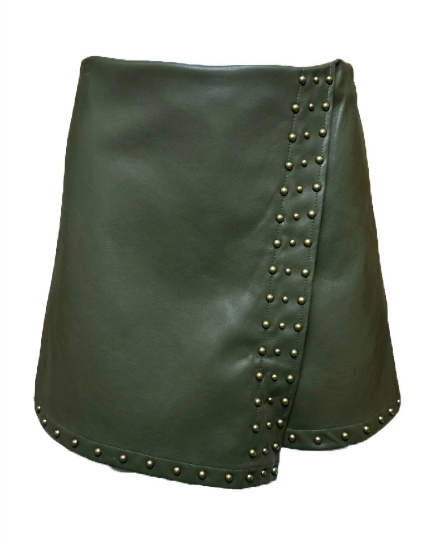 Women's Studded Stretch Faux Leather Wrap Skort In Olive