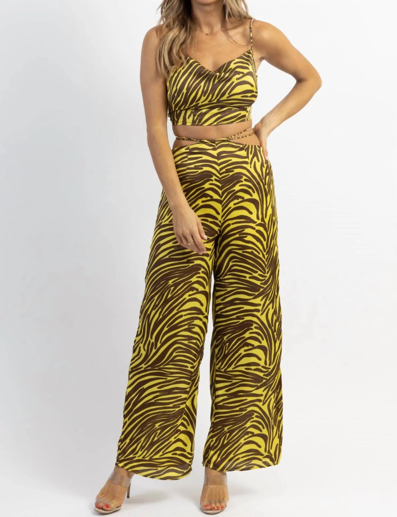 Zebra Wide Leg Pant Set In Lime   Brown