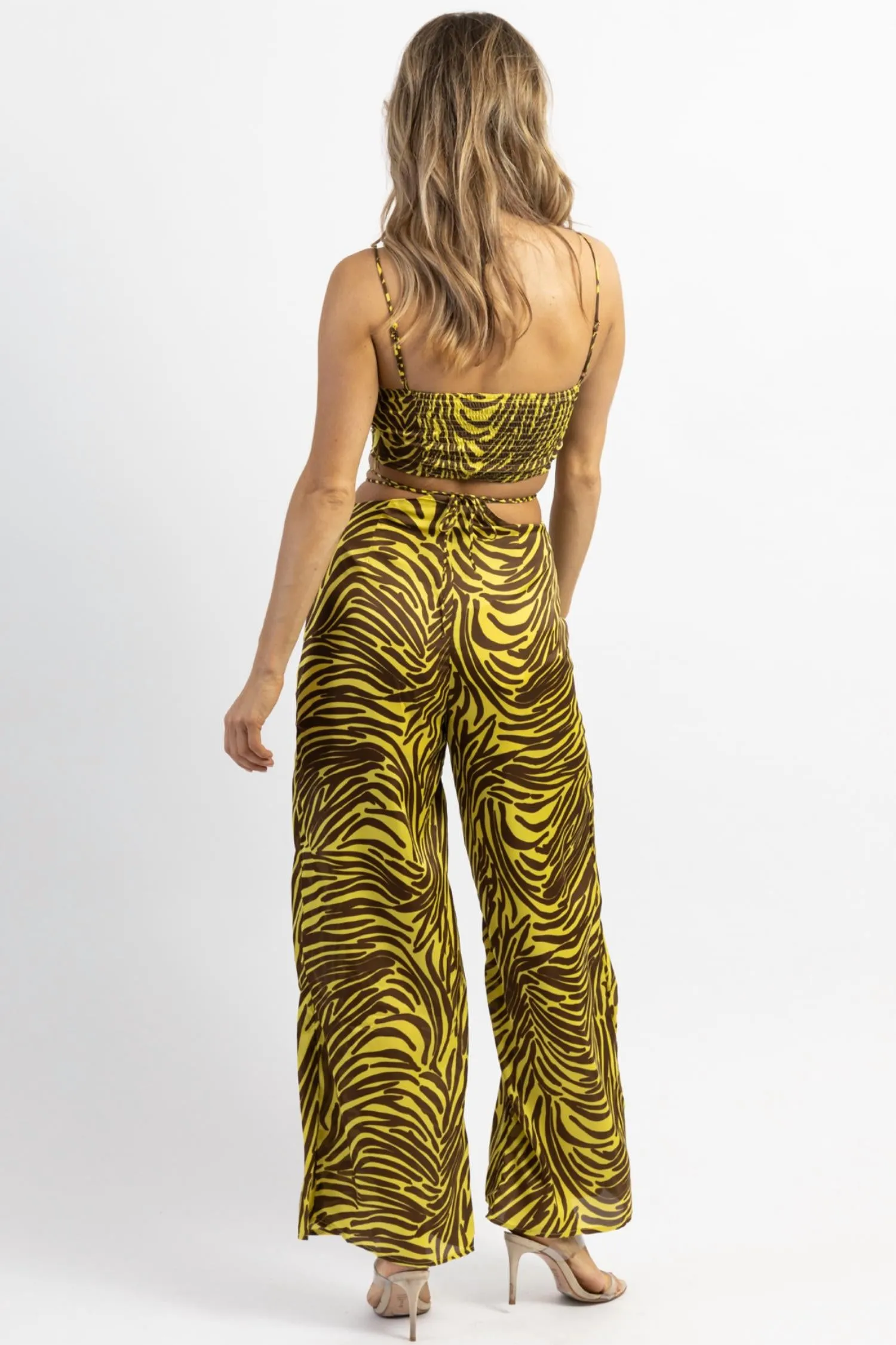 Zebra Wide Leg Pant Set In Lime   Brown