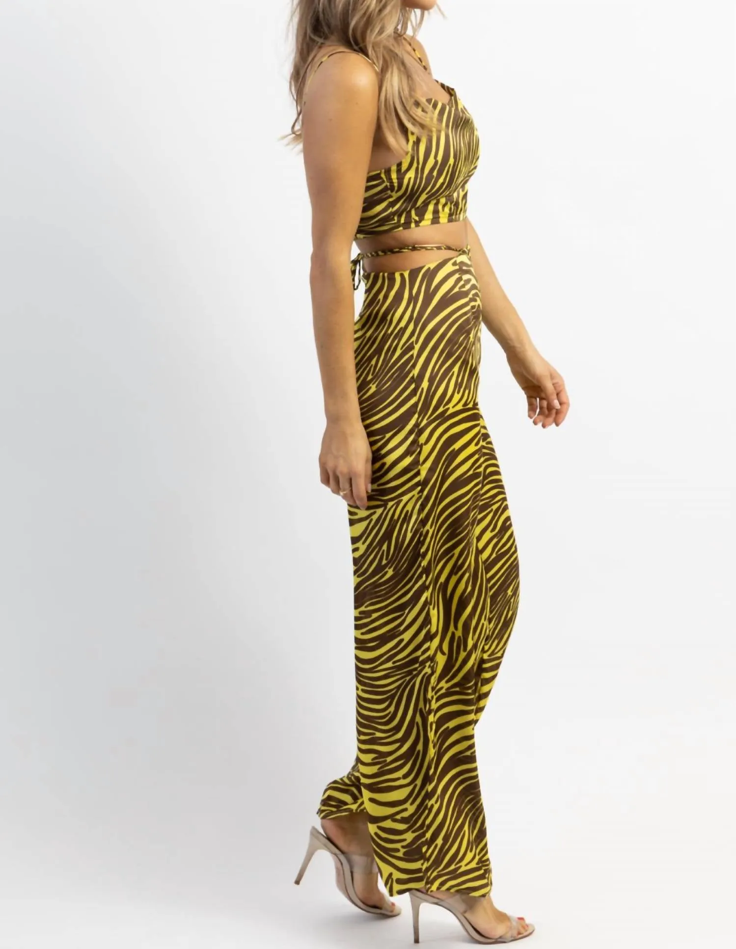 Zebra Wide Leg Pant Set In Lime   Brown