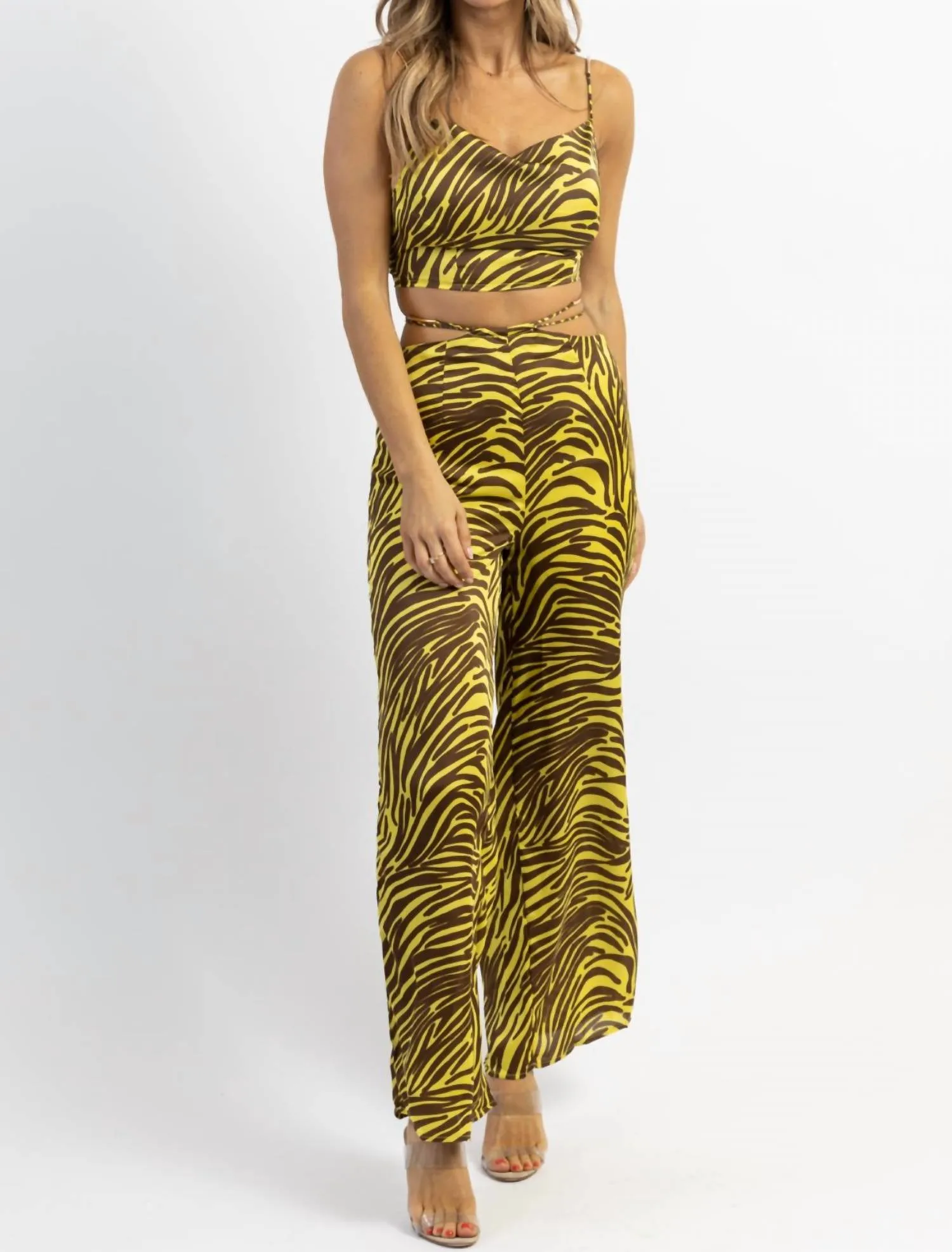 Zebra Wide Leg Pant Set In Lime   Brown