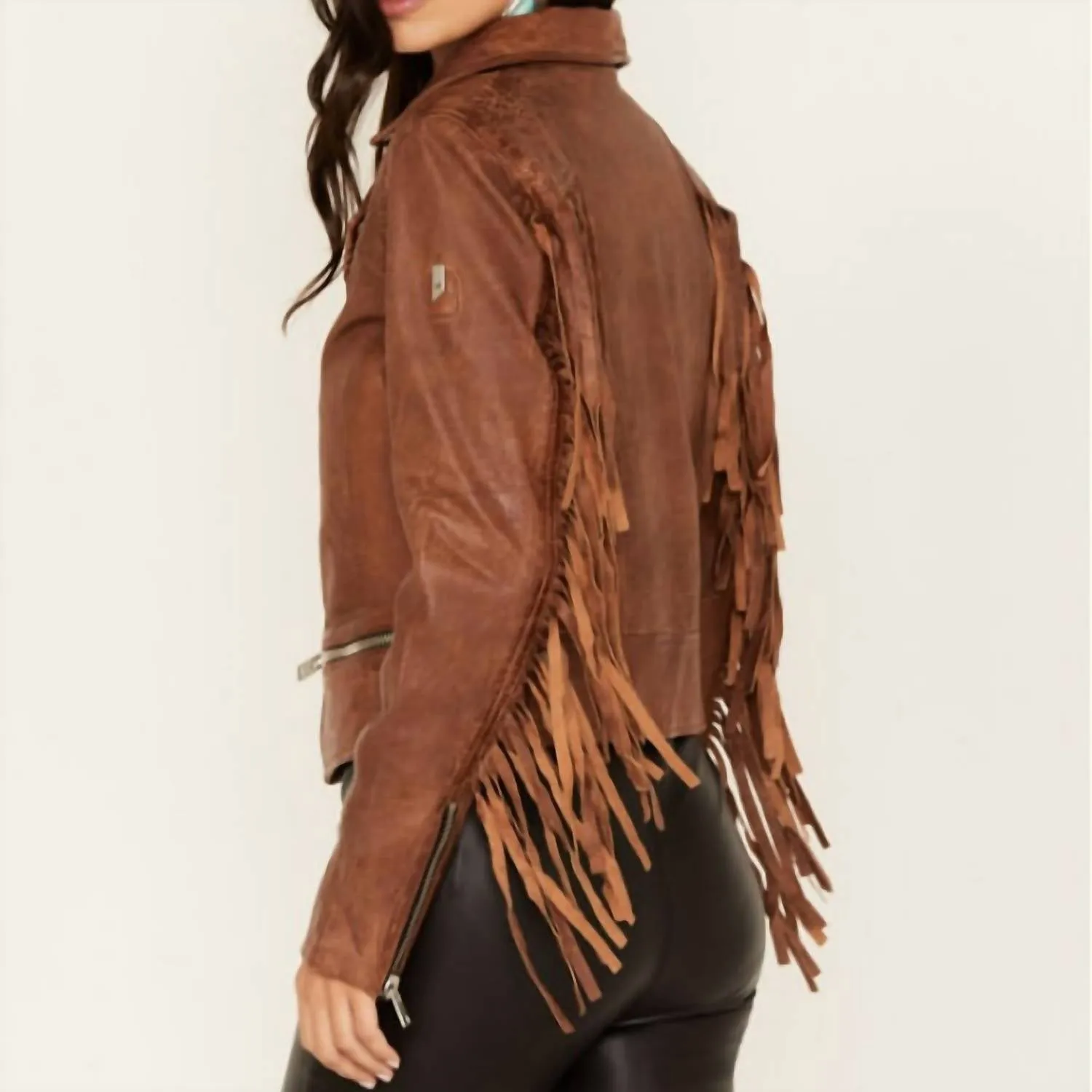Zoe Fringe Leather Jacket In Cognac