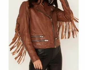 Zoe Fringe Leather Jacket In Cognac