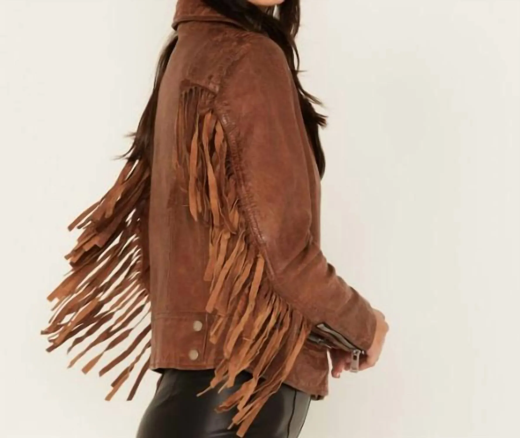 Zoe Fringe Leather Jacket In Cognac